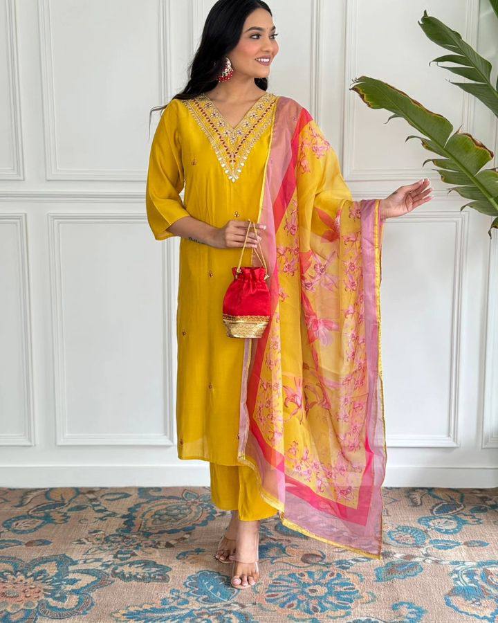 Designer Yellow Viscose Chanderi Salwar Kameez with Elegant Embroidery Work | Stylish Ethnic Wear for Women