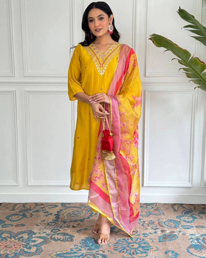 Designer Yellow Viscose Chanderi Salwar Kameez with Elegant Embroidery Work | Stylish Ethnic Wear for Women