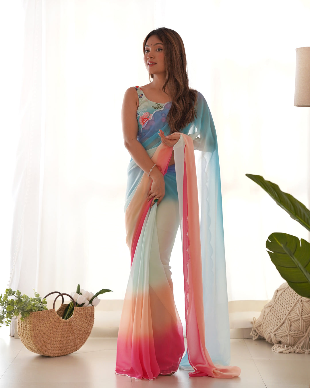 Faux-Georgette Saree with Embroidered Silk Blouse | Perfect for Weddings & Festive Occasions