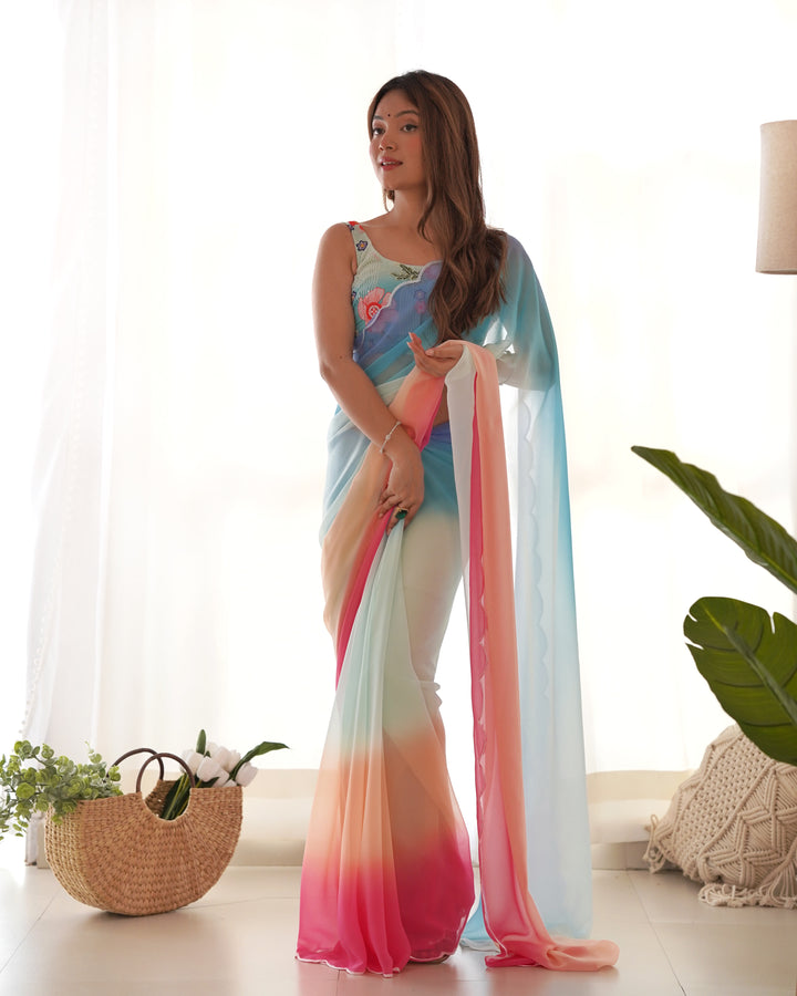 Faux-Georgette Saree with Embroidered Silk Blouse | Perfect for Weddings & Festive Occasions