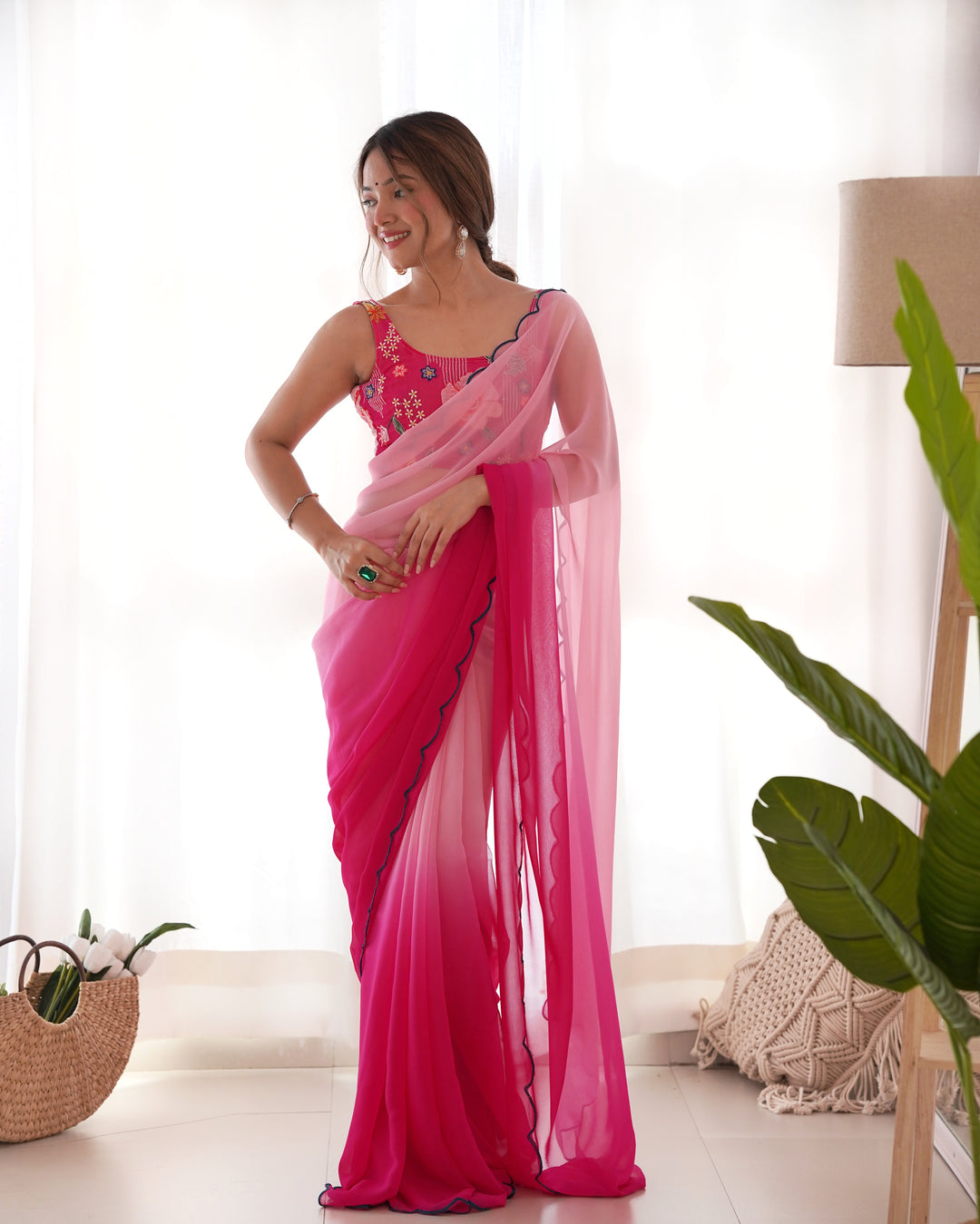 Faux-Georgette Saree with Embroidered Silk Blouse | Perfect for Weddings & Festive Occasions