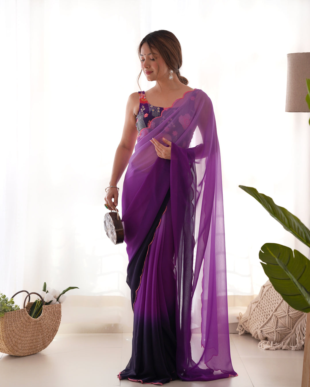 Faux-Georgette Saree with Embroidered Silk Blouse | Perfect for Weddings & Festive Occasions