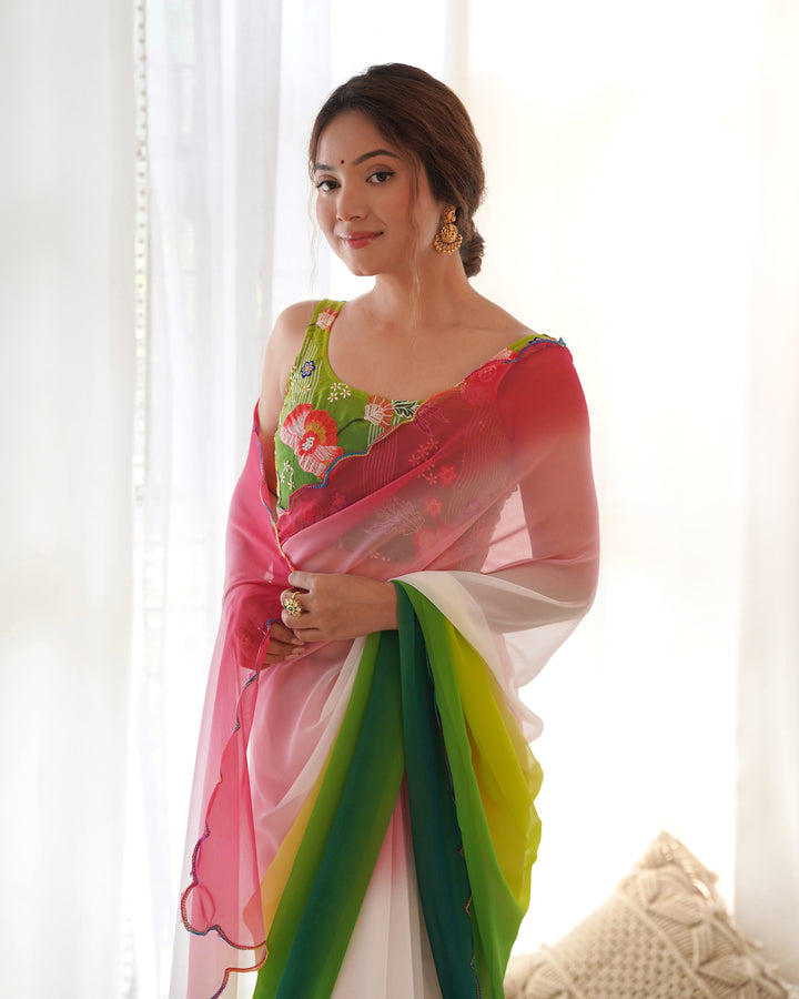 Faux-Georgette Saree with Embroidered Silk Blouse | Perfect for Weddings & Festive Occasions