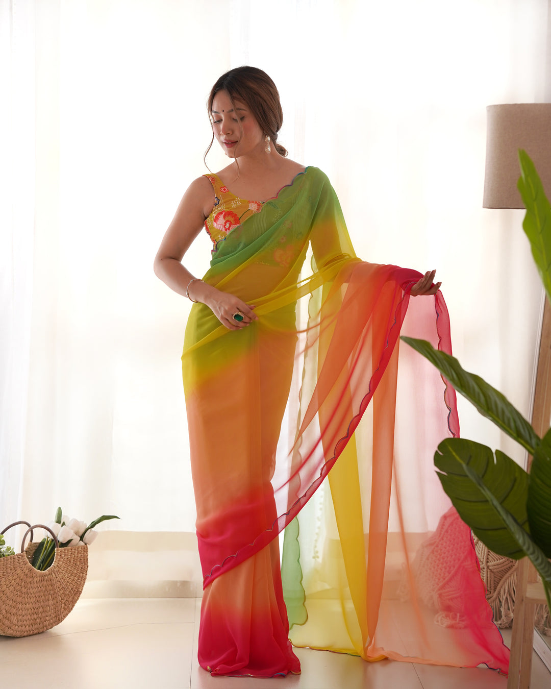 Faux-Georgette Saree with Embroidered Silk Blouse | Perfect for Weddings & Festive Occasions