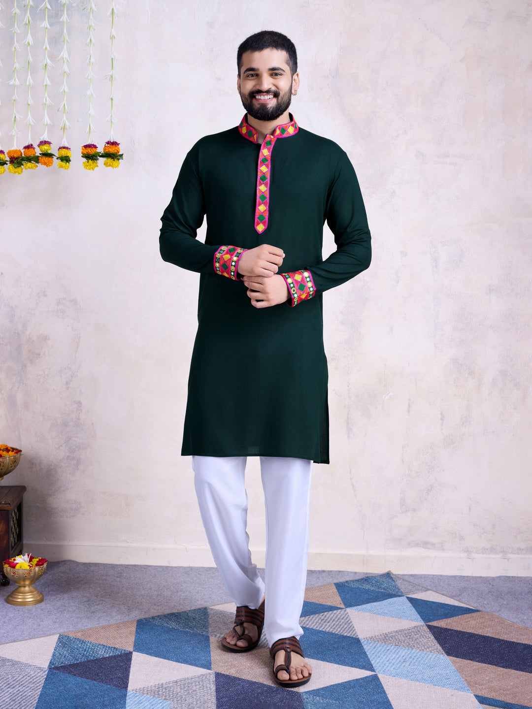 Dark Green Kurta with Dupatta | Rayon Fabric & Mirror Embroidery Work