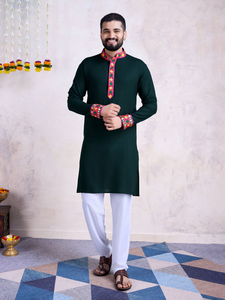 Dark Green Kurta with Dupatta | Rayon Fabric & Mirror Embroidery Work