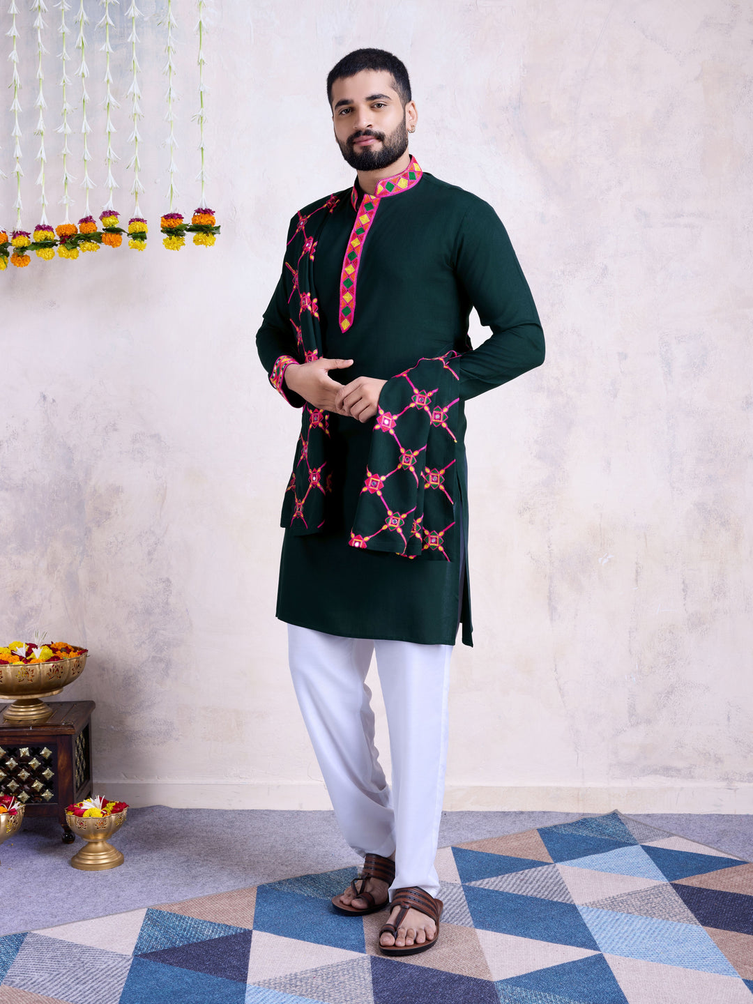 Dark Green Kurta with Dupatta | Rayon Fabric & Mirror Embroidery Work