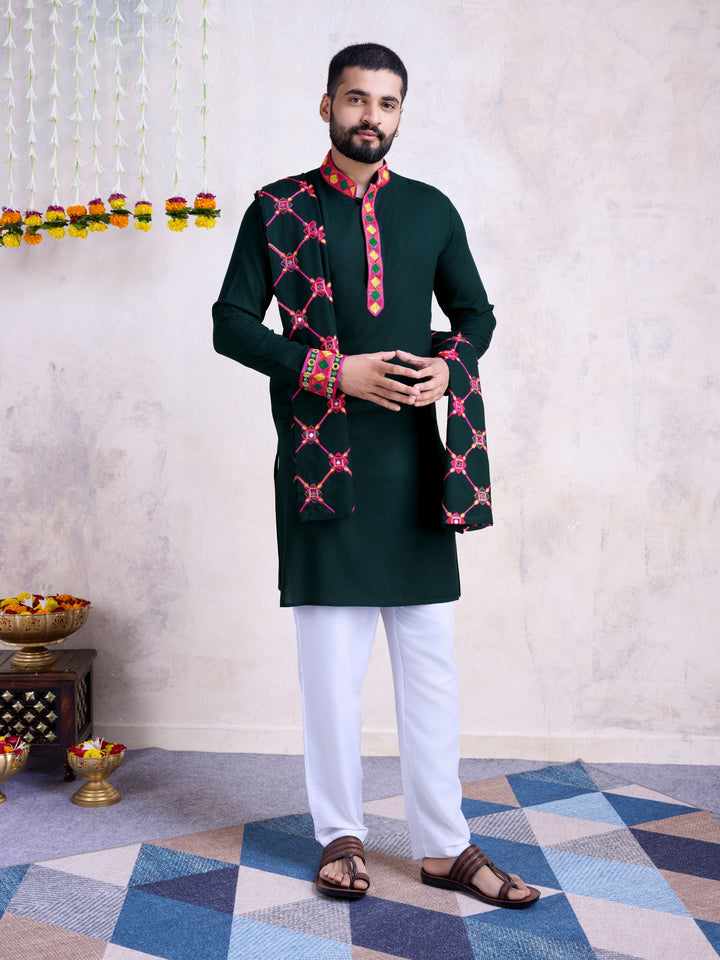 Dark Green Kurta with Dupatta | Rayon Fabric & Mirror Embroidery Work