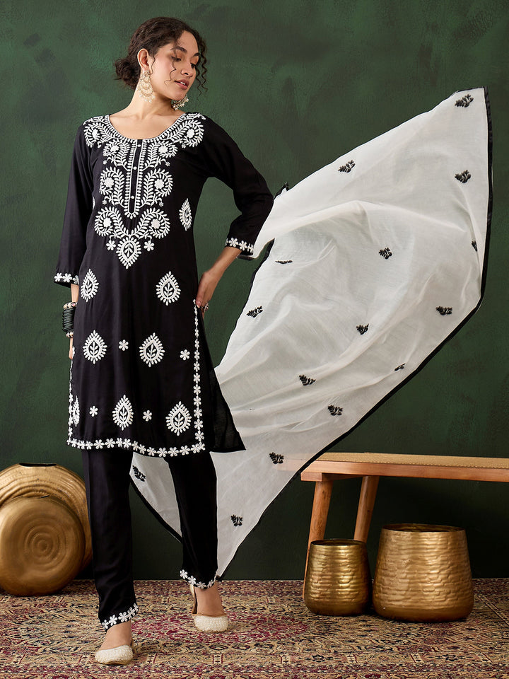 Marvelous Black Embroidered Rayon Traditional Pant Suit With Dupatta