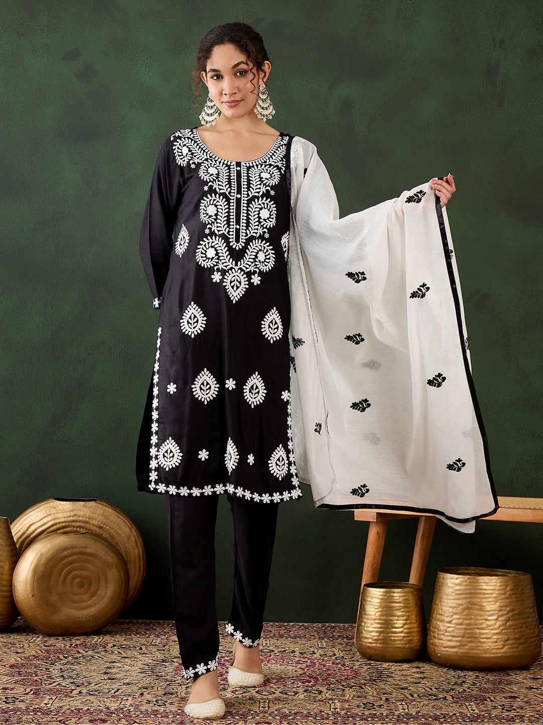 Marvelous Black Embroidered Rayon Traditional Pant Suit With Dupatta