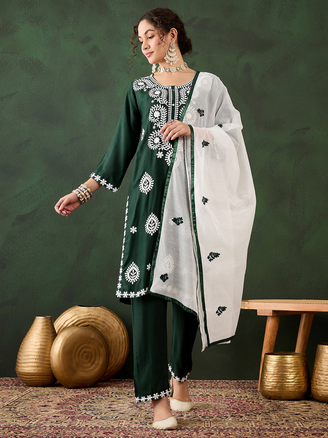 Beautiful Green Embroidered Rayon Festival Wear Pant Suit With Dupatta