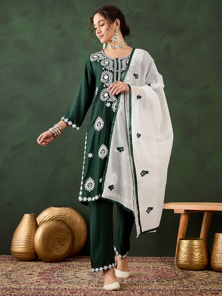 Beautiful Green Embroidered Rayon Festival Wear Pant Suit With Dupatta