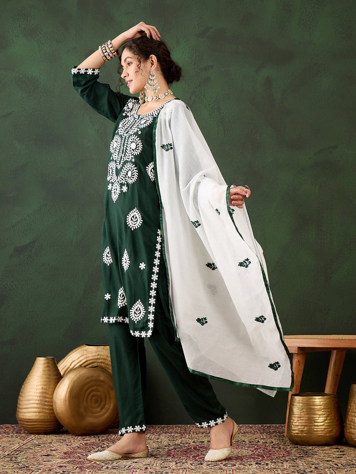 Beautiful Green Embroidered Rayon Festival Wear Pant Suit With Dupatta