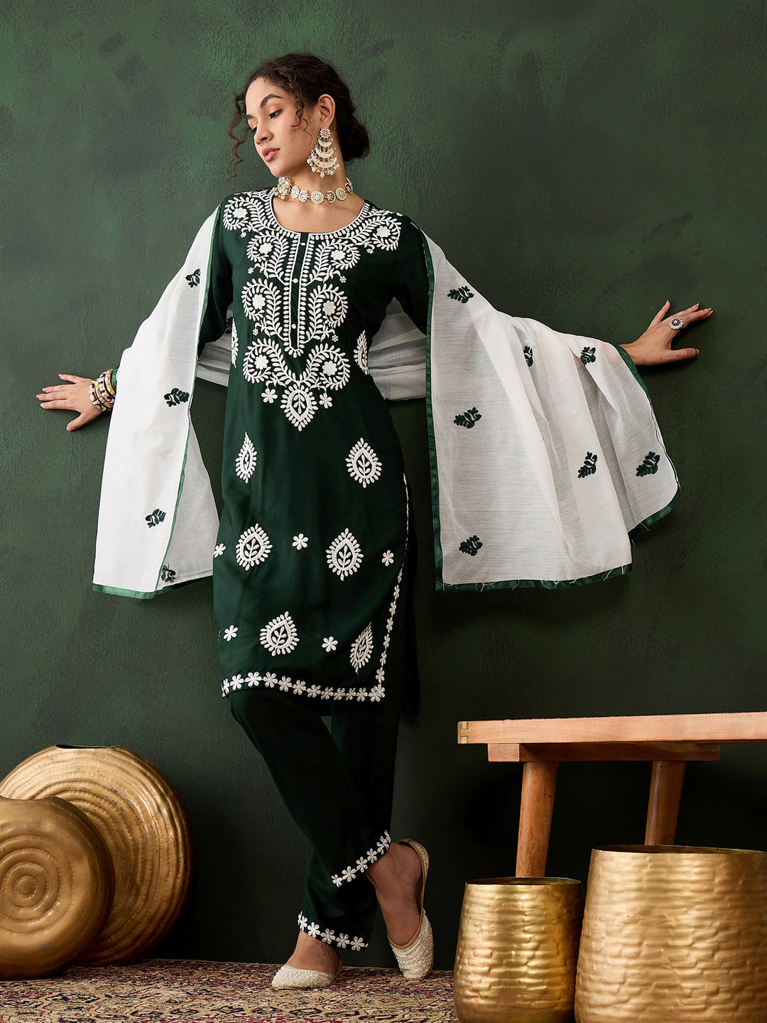 Beautiful Green Embroidered Rayon Festival Wear Pant Suit With Dupatta