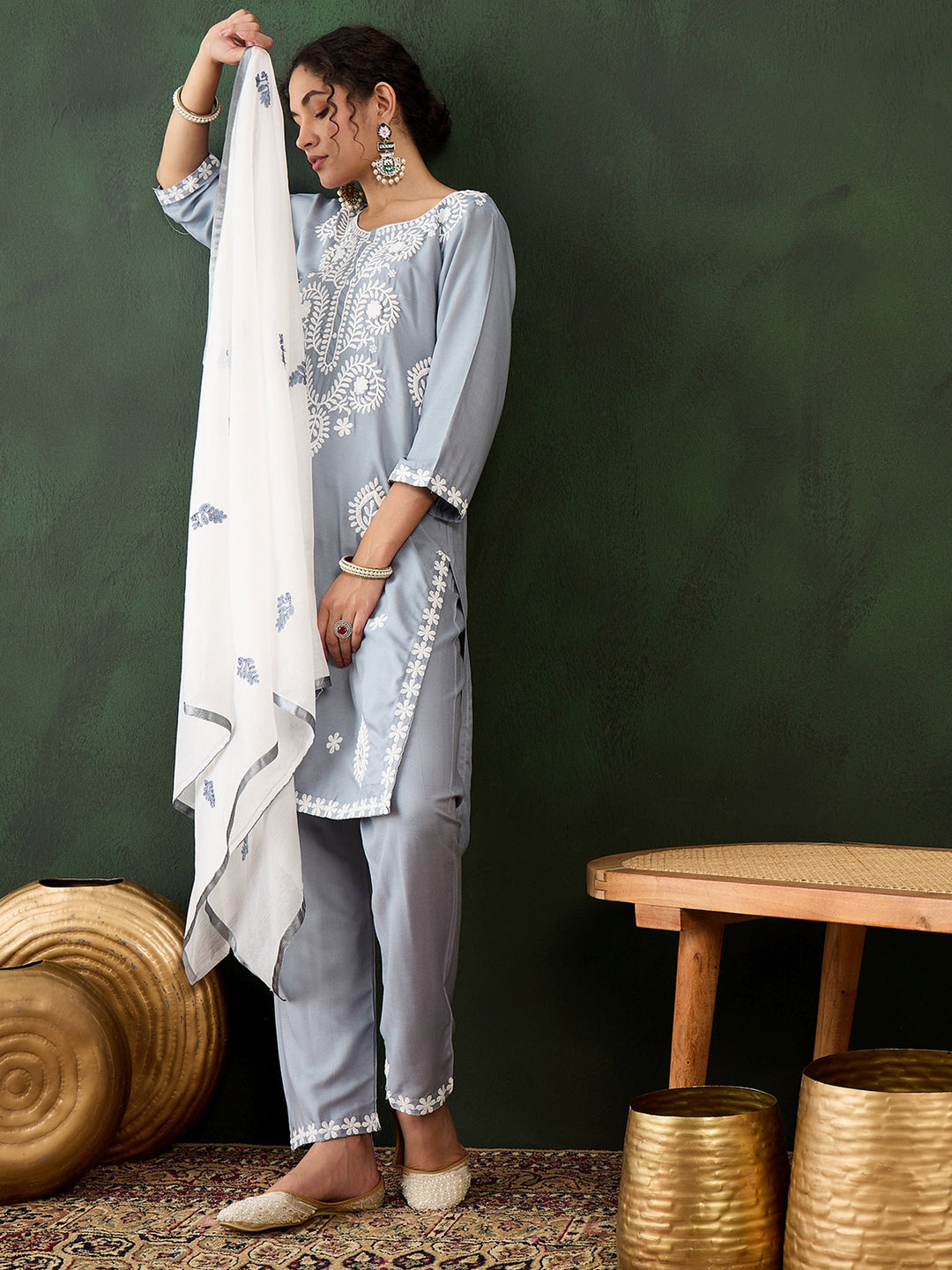 Gorgeous Grey Embroidered Rayon Event Wear Pant Suit With Dupatta