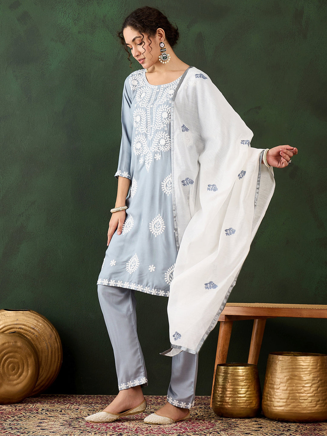 Gorgeous Grey Embroidered Rayon Event Wear Pant Suit With Dupatta