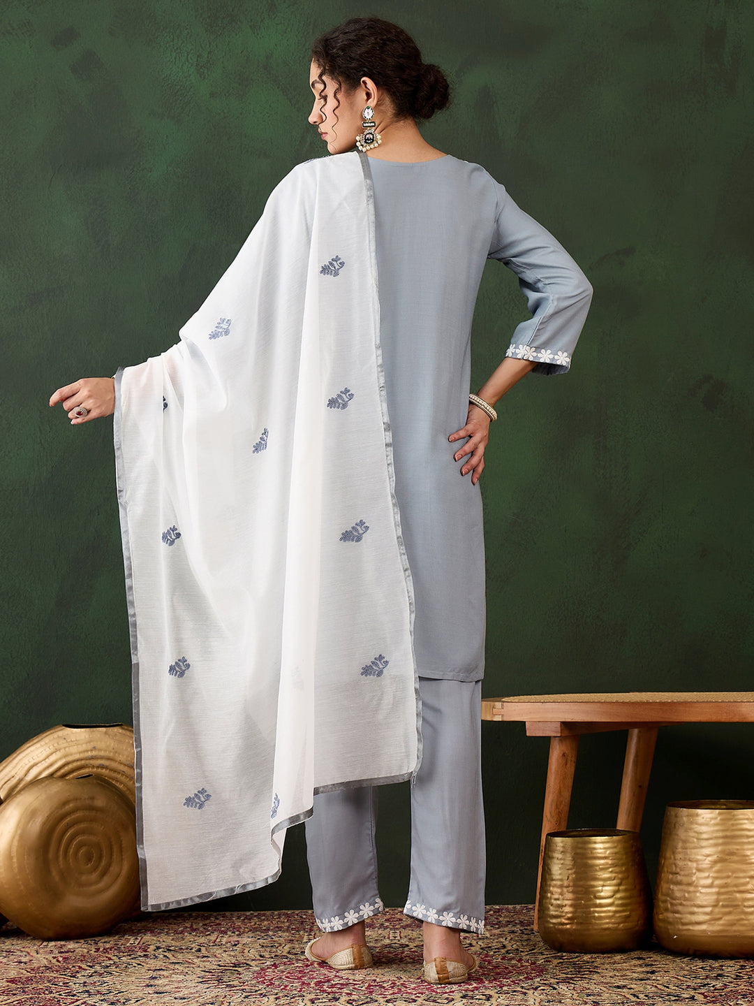 Gorgeous Grey Embroidered Rayon Event Wear Pant Suit With Dupatta