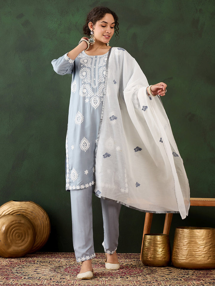 Gorgeous Grey Embroidered Rayon Event Wear Pant Suit With Dupatta