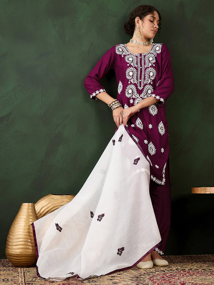 Stunning Magenta Embroidered Rayon Pant Suit With Dupatta