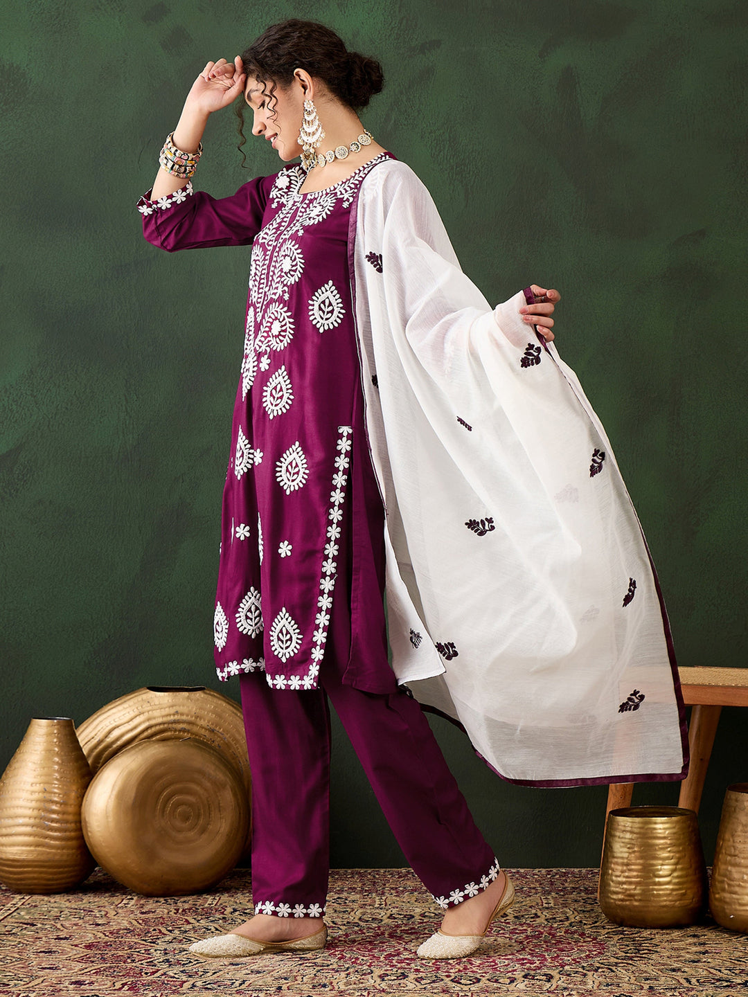 Stunning Magenta Embroidered Rayon Pant Suit With Dupatta