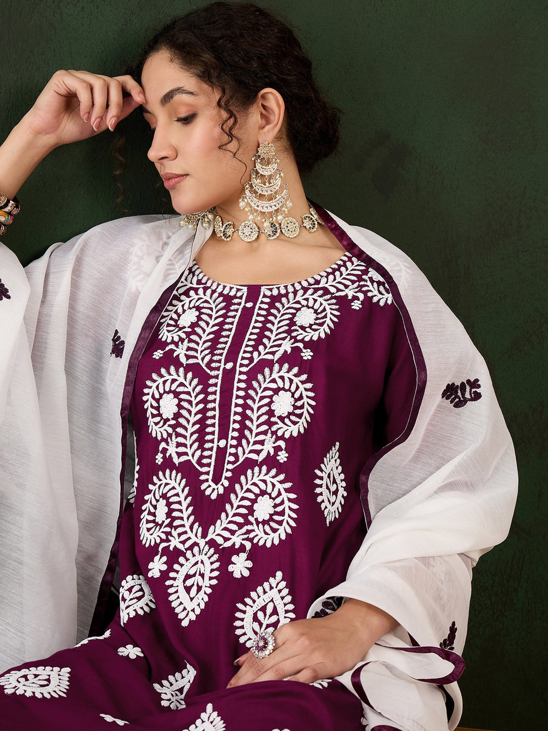 Stunning Magenta Embroidered Rayon Pant Suit With Dupatta