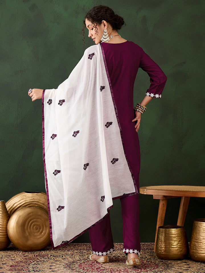 Stunning Magenta Embroidered Rayon Pant Suit With Dupatta