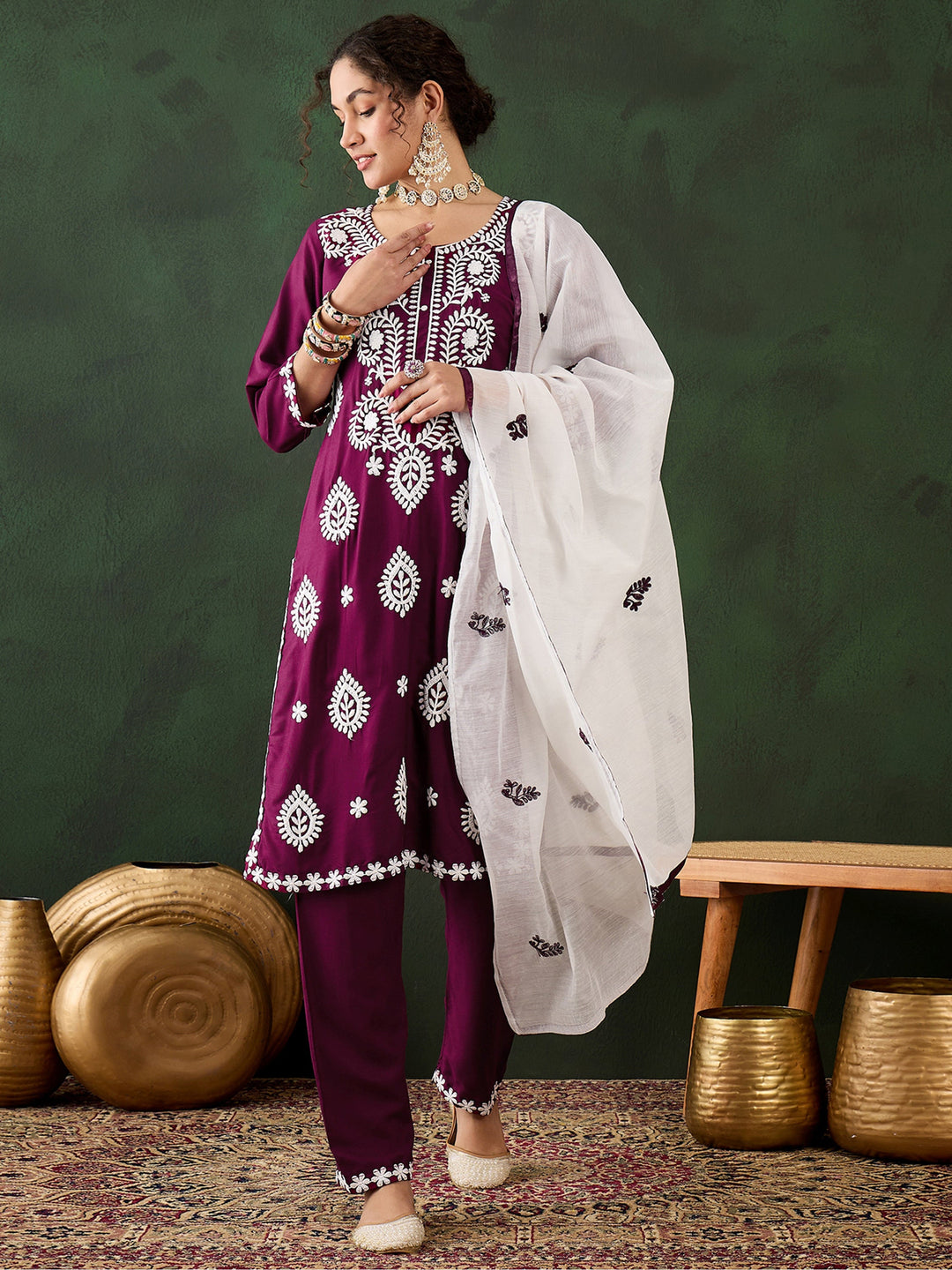 Stunning Magenta Embroidered Rayon Pant Suit With Dupatta