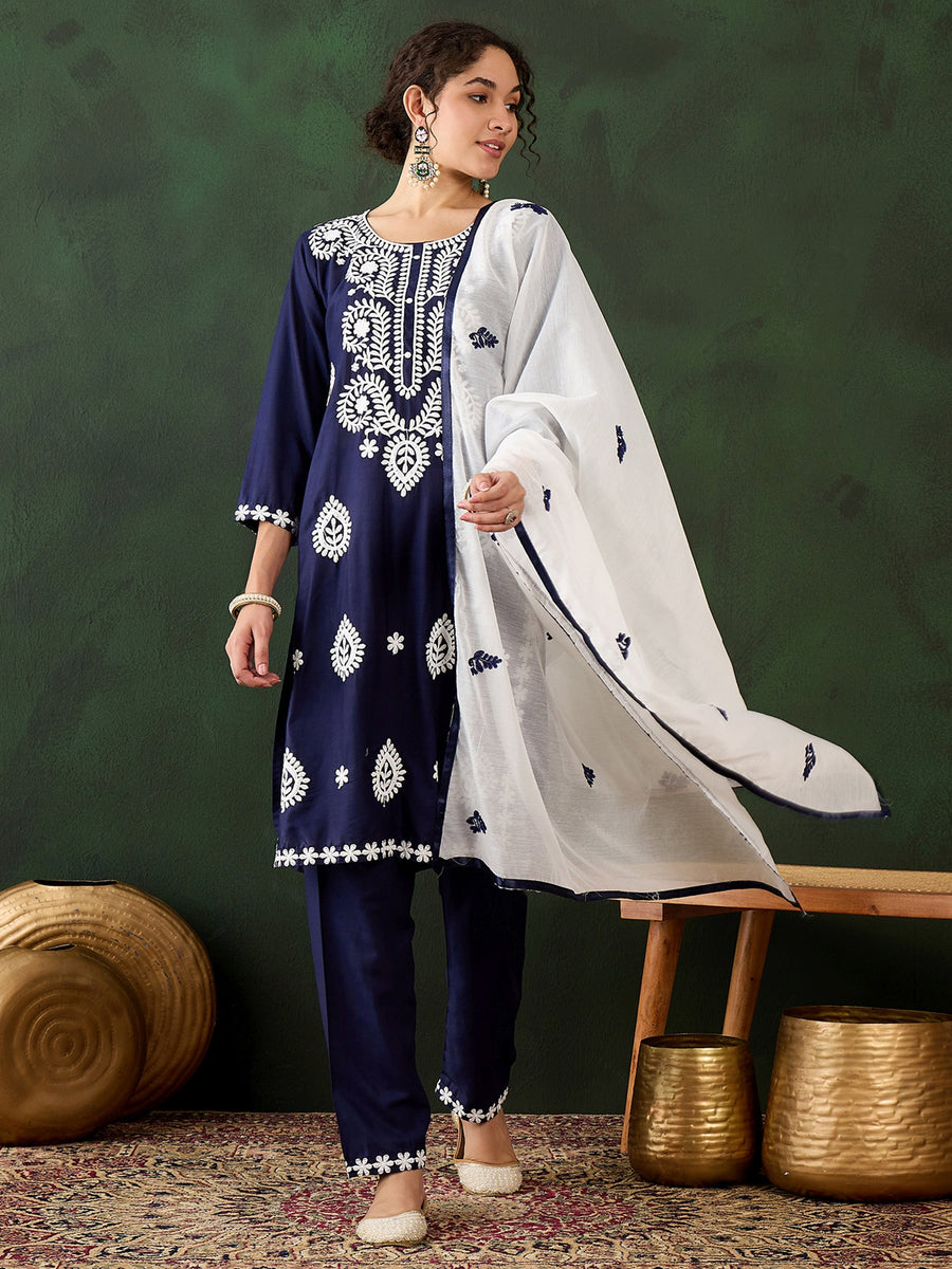 Captivating Navy Blue Embroidered Rayon Casual Wear Pant Suit