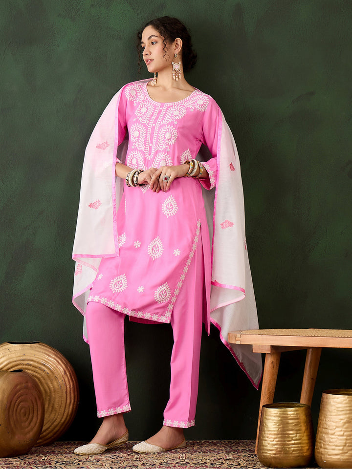 Glamorous Pink Embroidered Rayon Office Wear Pant Suit