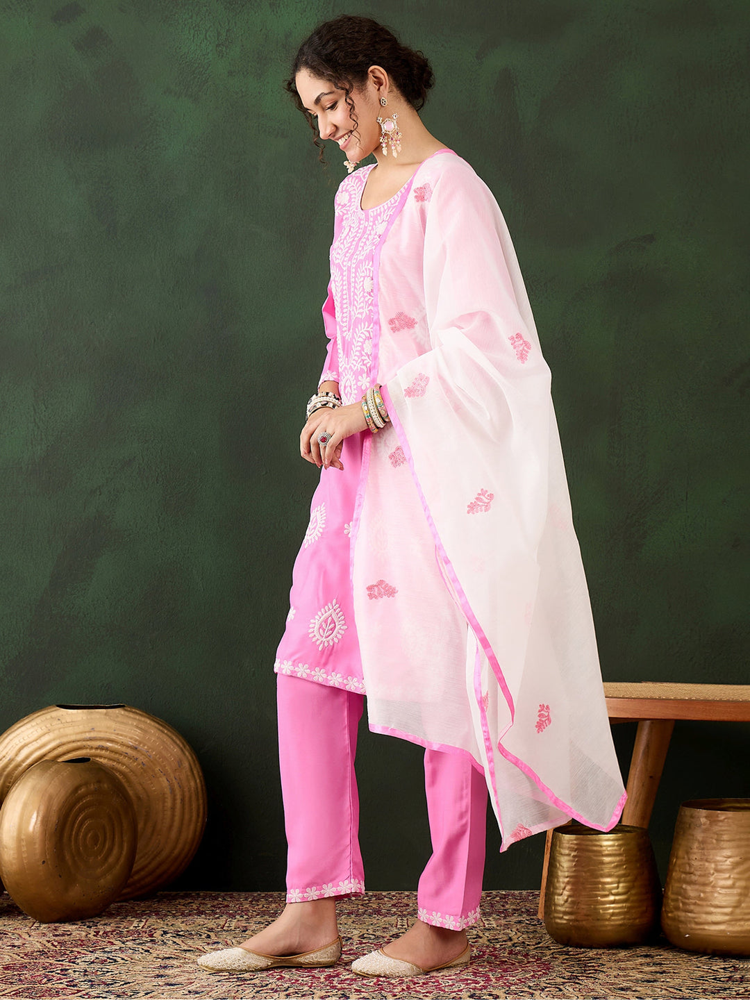 Glamorous Pink Embroidered Rayon Office Wear Pant Suit