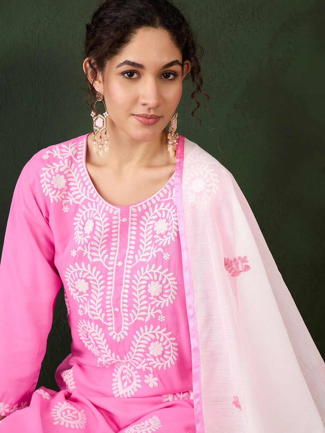 Glamorous Pink Embroidered Rayon Office Wear Pant Suit