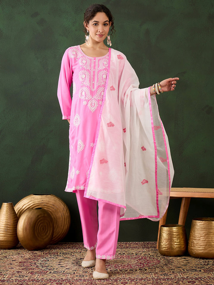 Glamorous Pink Embroidered Rayon Office Wear Pant Suit