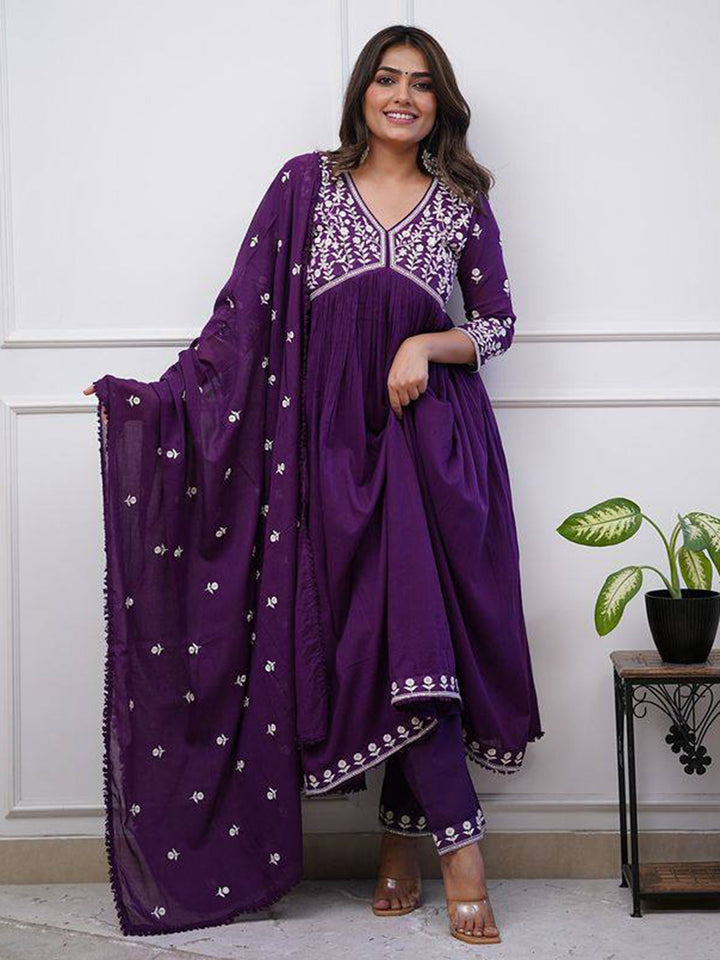 Fabulous Purple Embroidered Silk Festival Wear Pant Suit With Dupatta