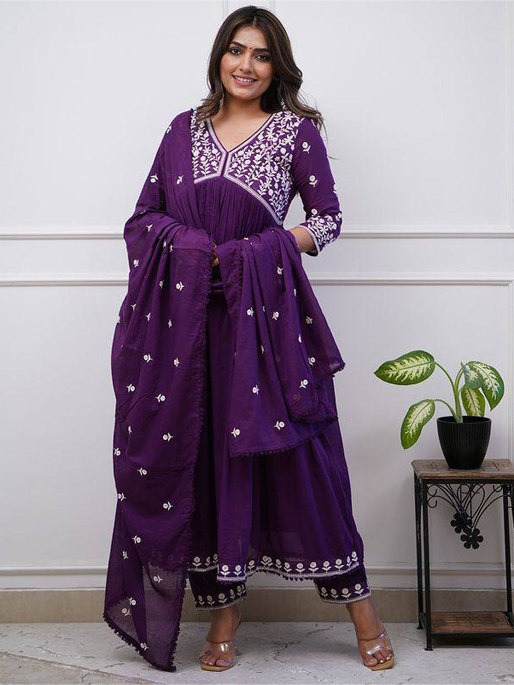 Fabulous Purple Embroidered Silk Festival Wear Pant Suit With Dupatta