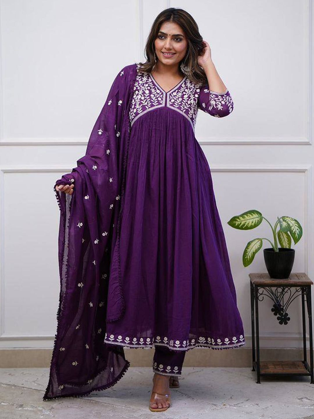 Fabulous Purple Embroidered Silk Festival Wear Pant Suit With Dupatta