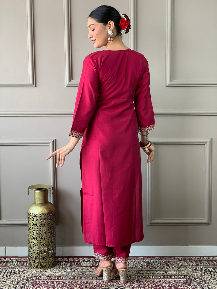 Beautiful Rani Pink Embroidered Chanderi Silk Event Wear Pant Suit