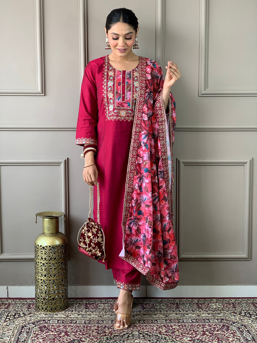 Beautiful Rani Pink Embroidered Chanderi Silk Event Wear Pant Suit