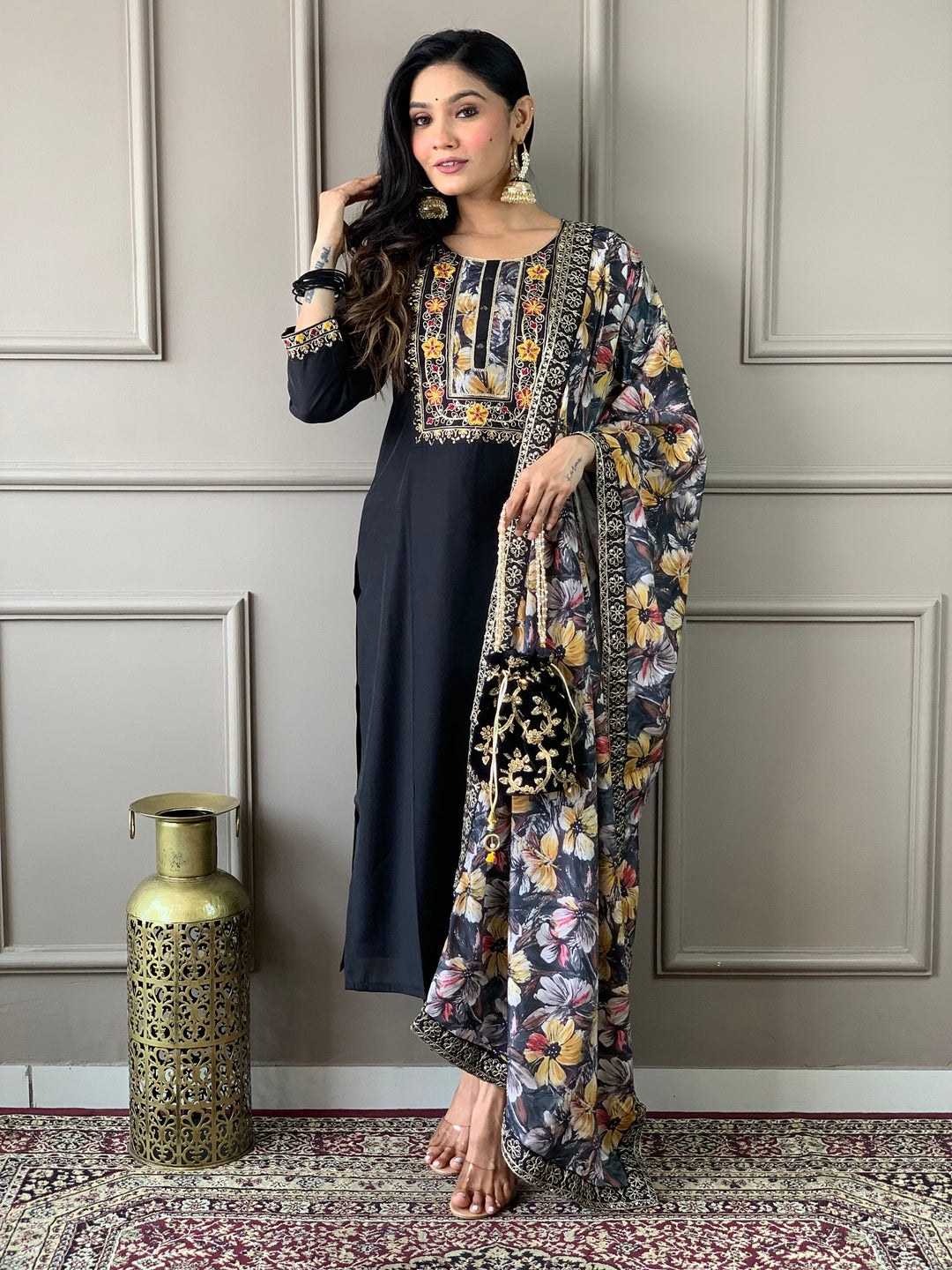 Captivating Black Embroidered Chanderi Silk Traditional Pant Suit