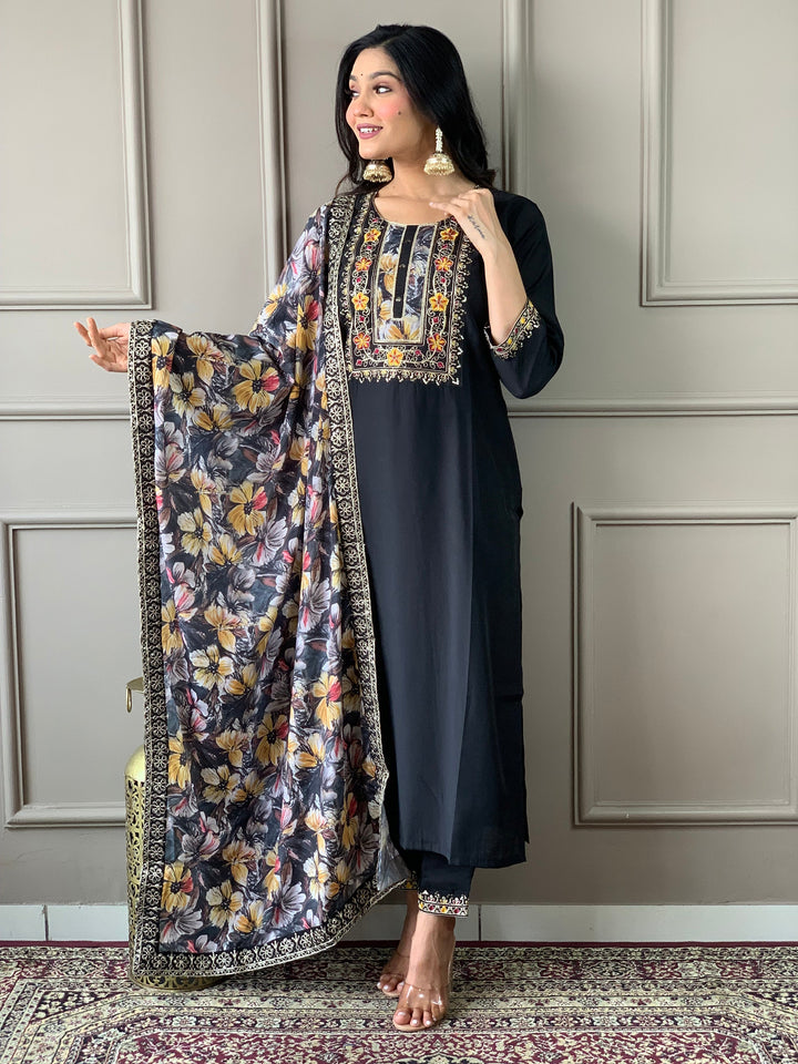 Captivating Black Embroidered Chanderi Silk Traditional Pant Suit