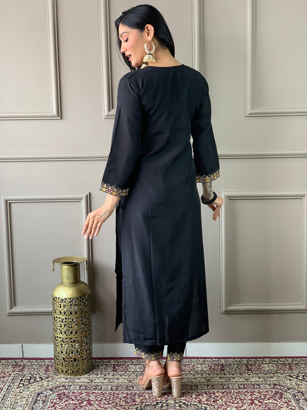 Captivating Black Embroidered Chanderi Silk Traditional Pant Suit