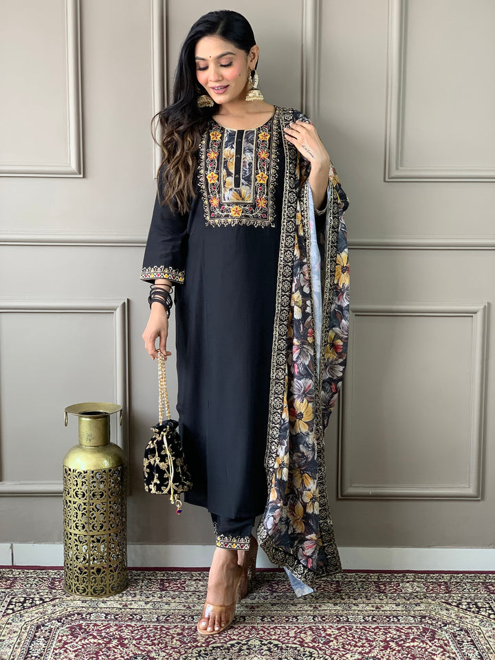 Captivating Black Embroidered Chanderi Silk Traditional Pant Suit