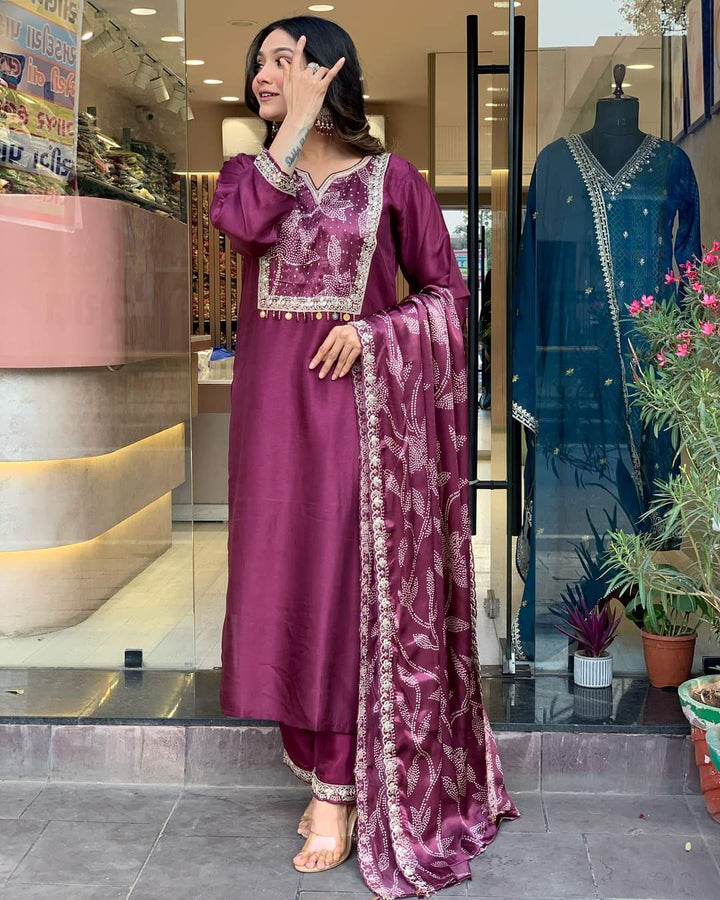 Wine Viscose Chanderi Salwar Kameez for Women | Elegant Traditional Outfit for Festive & Special Occasions