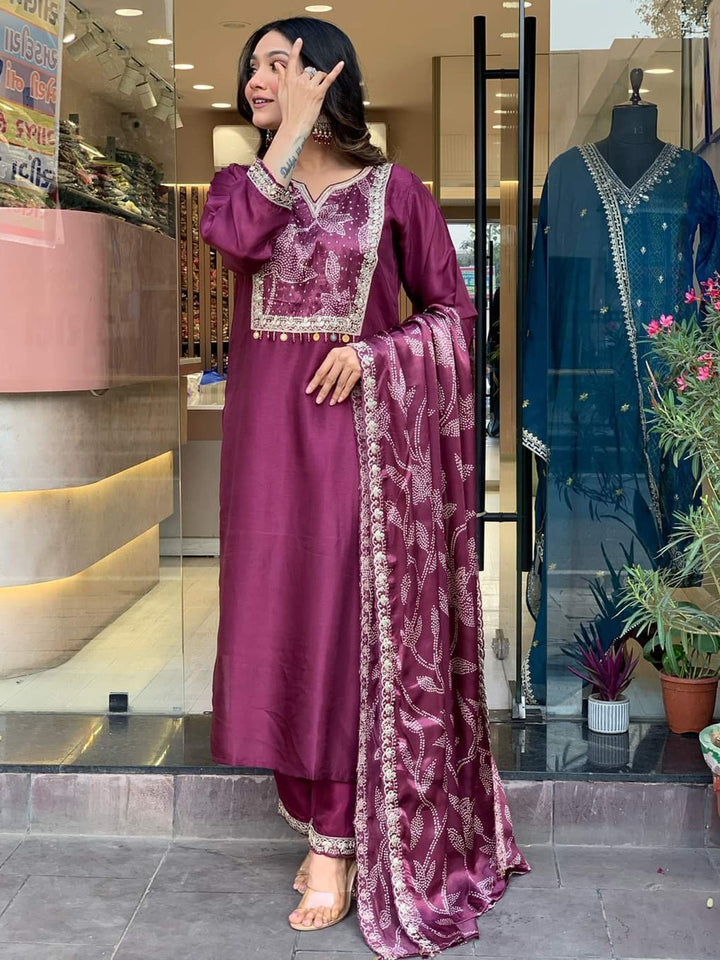 Bewitching Wine Embroidered Chanderi Silk Festival Wear Pant Suit