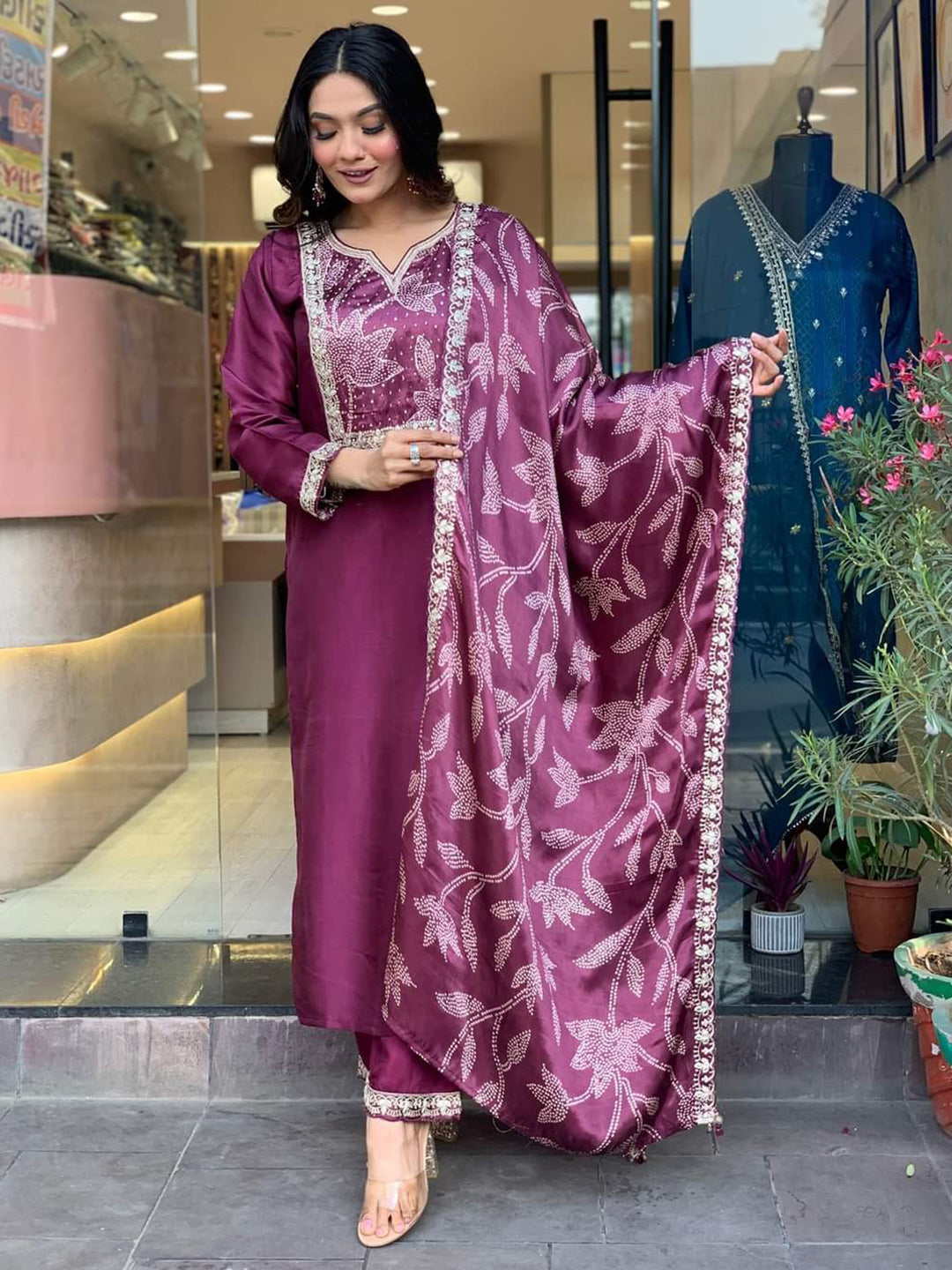 Bewitching Wine Embroidered Chanderi Silk Festival Wear Pant Suit