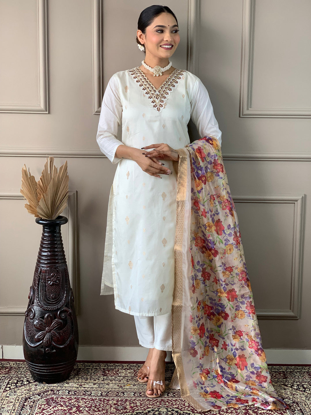 Marvelous White Embroidered Nylon Festival Wear Pant Suit With Dupatta