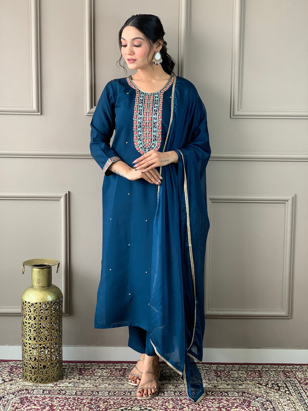 Adorable Blue Embroidered Chanderi Silk Pant Suit With Dupatta