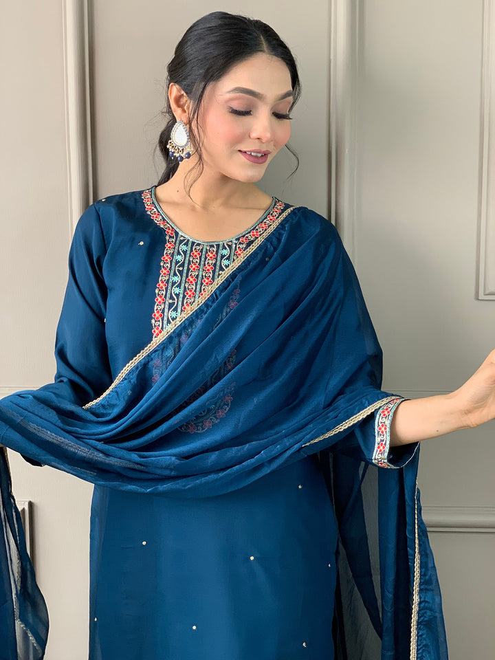 Adorable Blue Embroidered Chanderi Silk Pant Suit With Dupatta