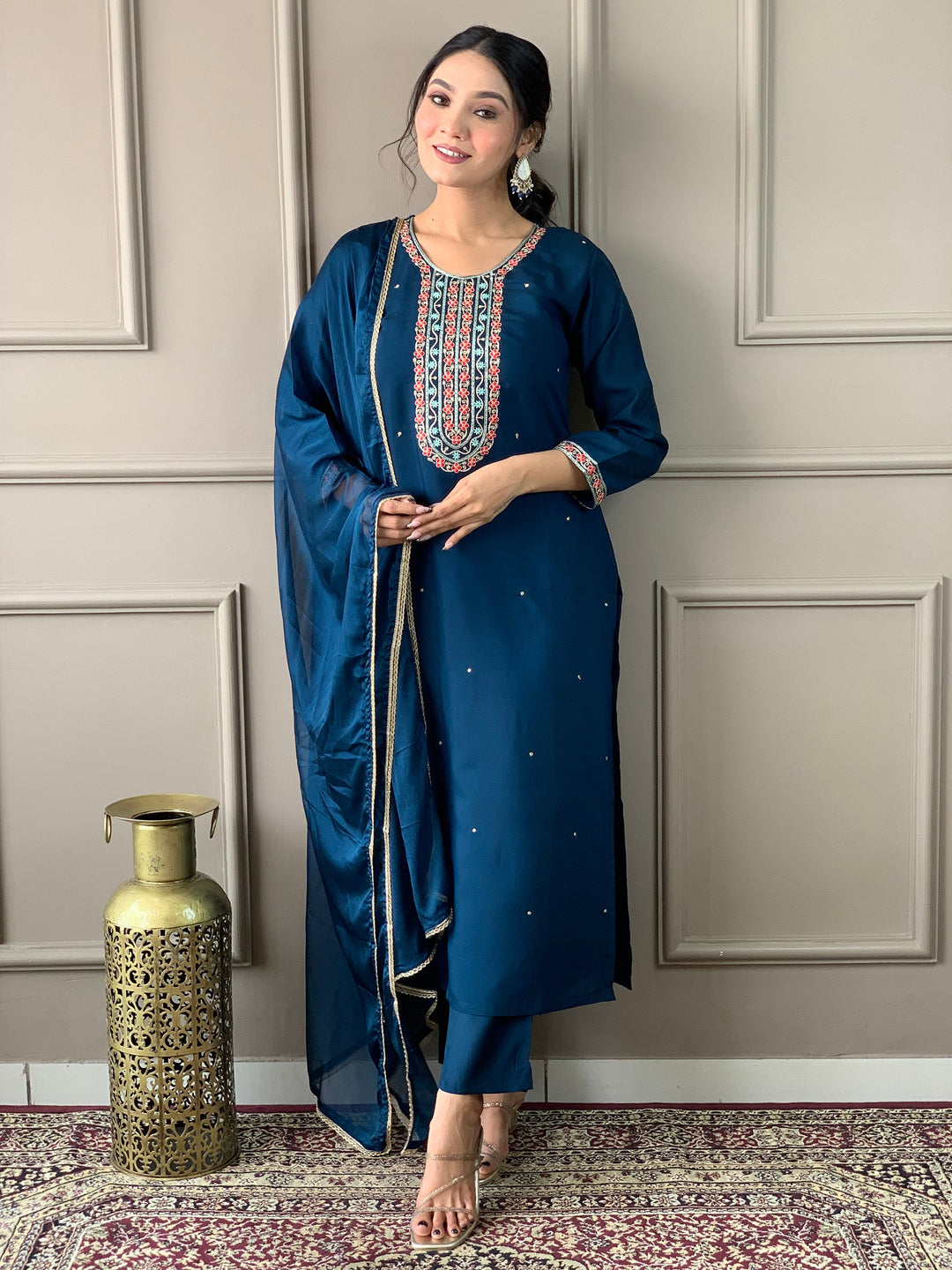 Adorable Blue Embroidered Chanderi Silk Pant Suit With Dupatta