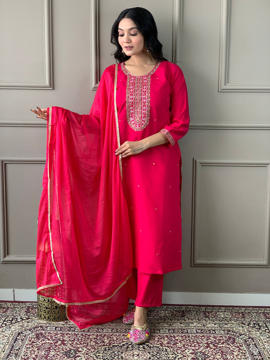 Gorgeous Rani Pink Embroidered Chanderi Silk  Traditional Pant Suit