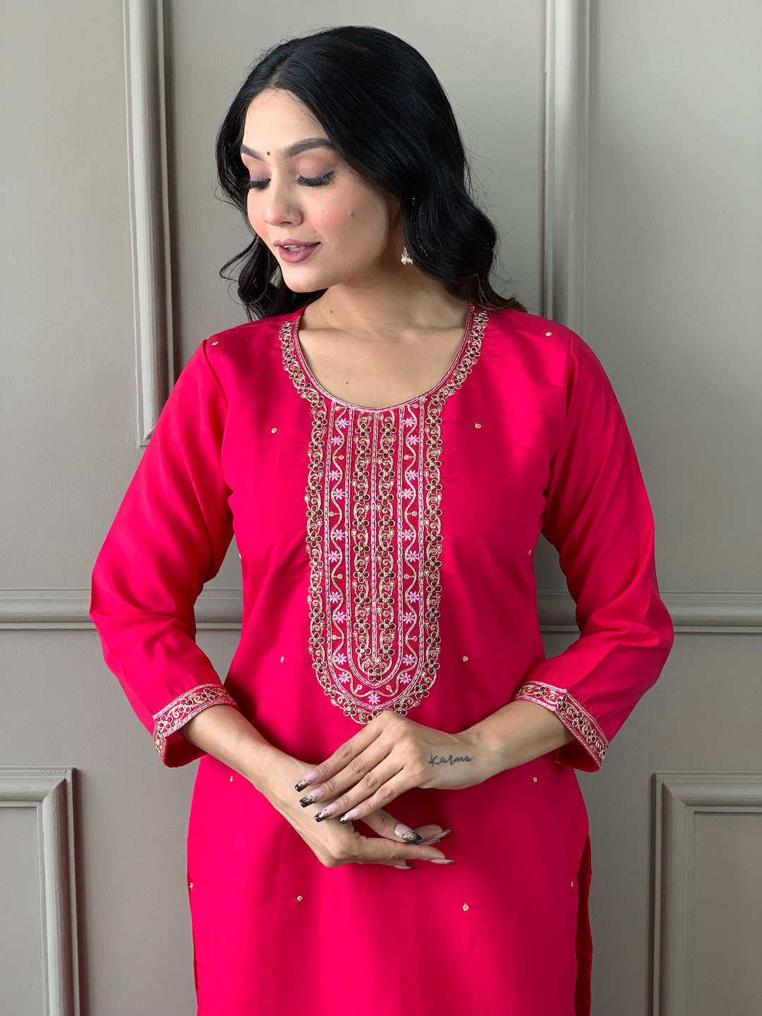 Gorgeous Rani Pink Embroidered Chanderi Silk  Traditional Pant Suit